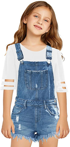 GRAPENT Girls Pockets Front Buttons Denim Bib Overalls Jeans Shorts 4-13 Years