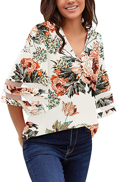GRAPENT Women's Casual V Neck Blouse 3/4 Bell Sleeve Mesh Panel Loose Shirts Top