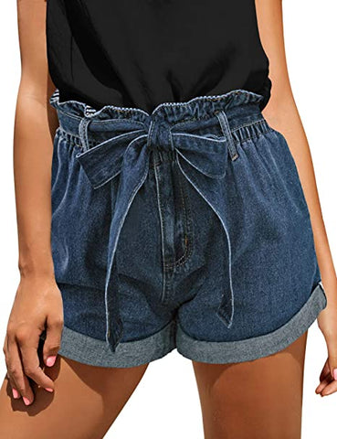 GRAPENT Women's High Waisted Removable Belt Sewn Cuff Wide Leg Denim Jean Shorts