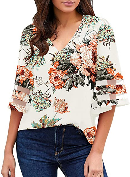 GRAPENT Women's Casual V Neck Blouse 3/4 Bell Sleeve Mesh Panel Loose Shirts Top