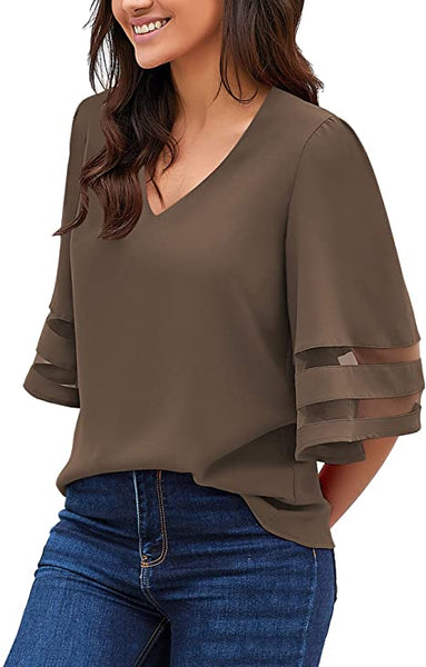 GRAPENT Women's Casual V Neck Blouse 3/4 Bell Sleeve Mesh Panel Loose Shirts Top