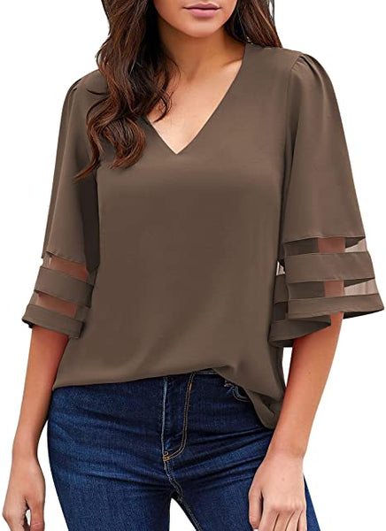 GRAPENT Women's Casual V Neck Blouse 3/4 Bell Sleeve Mesh Panel Loose Shirts Top