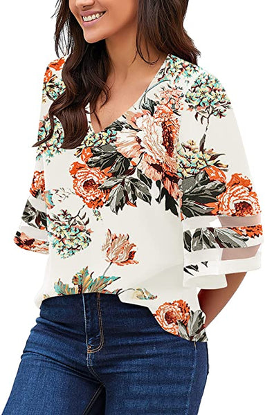 GRAPENT Women's Casual V Neck Blouse 3/4 Bell Sleeve Mesh Panel Loose Shirts Top