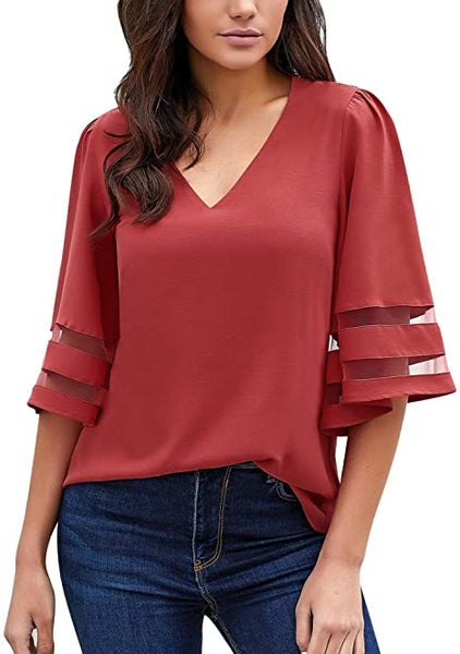 GRAPENT Women's Casual V Neck Blouse 3/4 Bell Sleeve Mesh Panel Loose Shirts Top