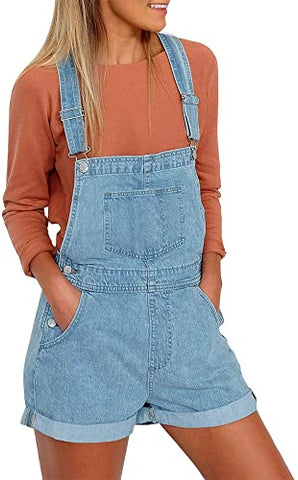 GRAPENT Women's Adjustable Strap Frayed Raw Hem Denim Bib Overalls Jeans Shorts