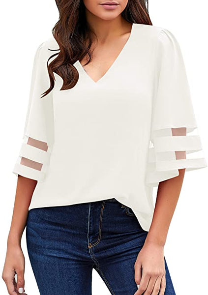 GRAPENT Women's Casual V Neck Blouse 3/4 Bell Sleeve Mesh Panel Loose Shirts Top