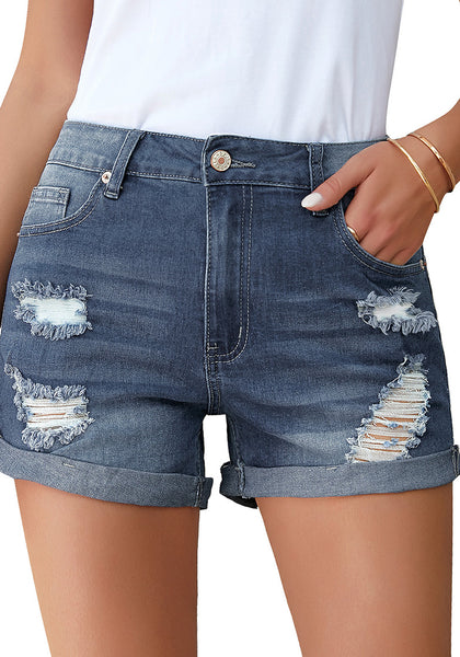 GRAPENT Women's High Waist Jean Short Casual Ripped Folded Hem Denim Jeans Shorts