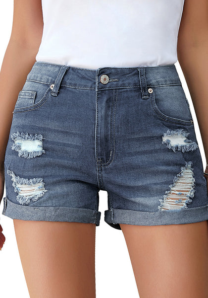 GRAPENT Women's High Waist Jean Short Casual Ripped Folded Hem Denim Jeans Shorts