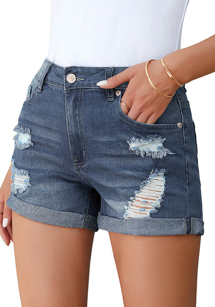 GRAPENT Women's High Waist Jean Short Casual Ripped Folded Hem Denim Jeans Shorts