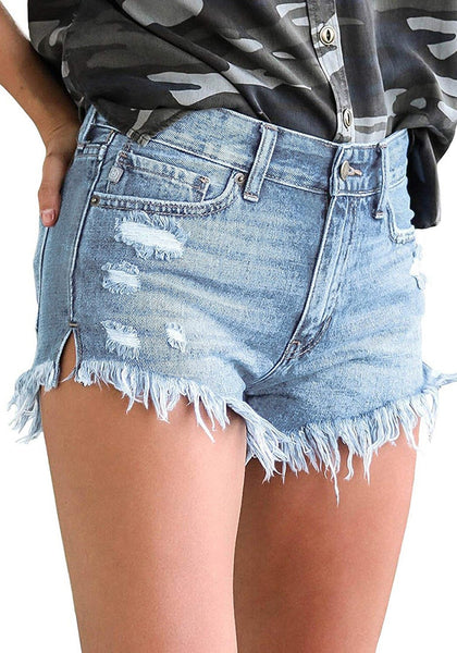 GRAPENT Women's High Waist Jean Short Casual Ripped Folded Hem Denim Jeans Shorts