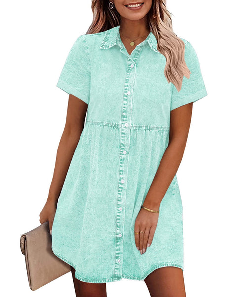 GRAPENT Denim Dress for Women Babydoll Tiered Short Sleeve Button Down Jean Shirt Dresses