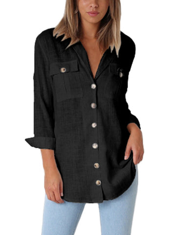 GRAPENT Womens Casual Loose Roll-up Sleeve Blouse Pocket Button Down Shirts Tops