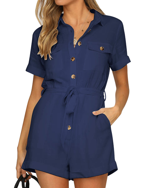 GRAPENT Women's Summer Short Sleeve Button Down Pockets Belted Jumpsuits Rompers