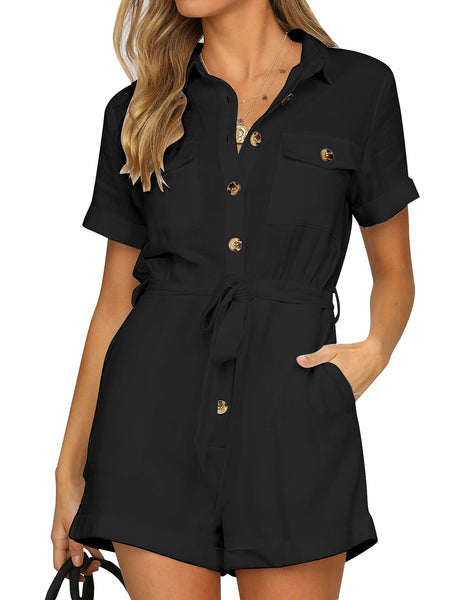 GRAPENT Women's Summer Short Sleeve Button Down Pockets Belted Jumpsuits Rompers