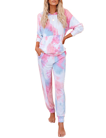 GRAPENT Women Tie Dye Print Pajama Set Loungewear Top and Pants Jogger Sleepwear